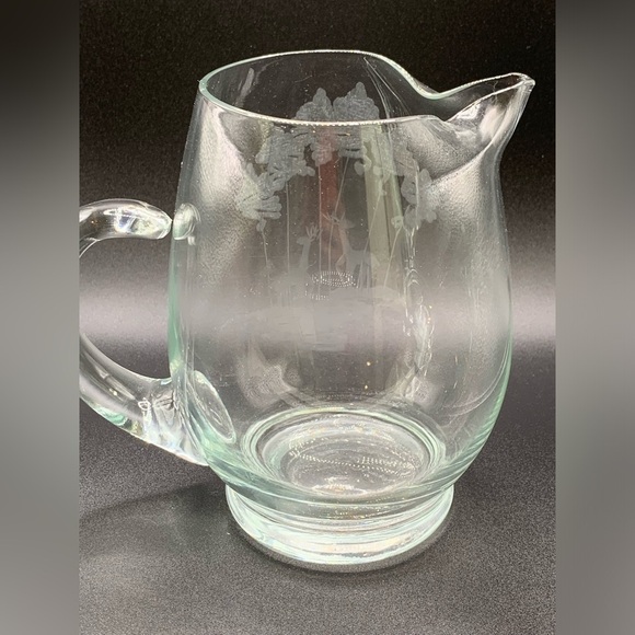 Vintage Etched Deer Forest Scene Glass Pitcher 6" - Picture 2 of 9
